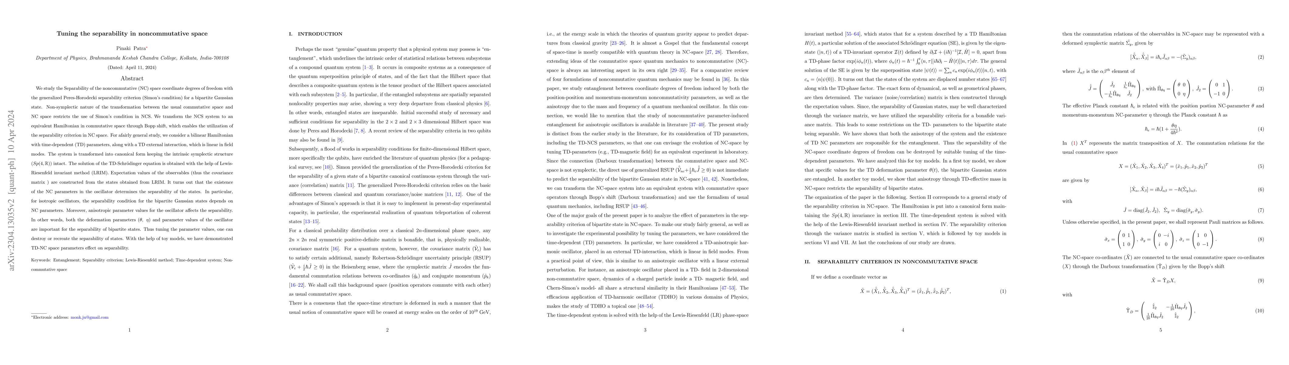 Thumbnail for Tuning the separability in noncommutative space