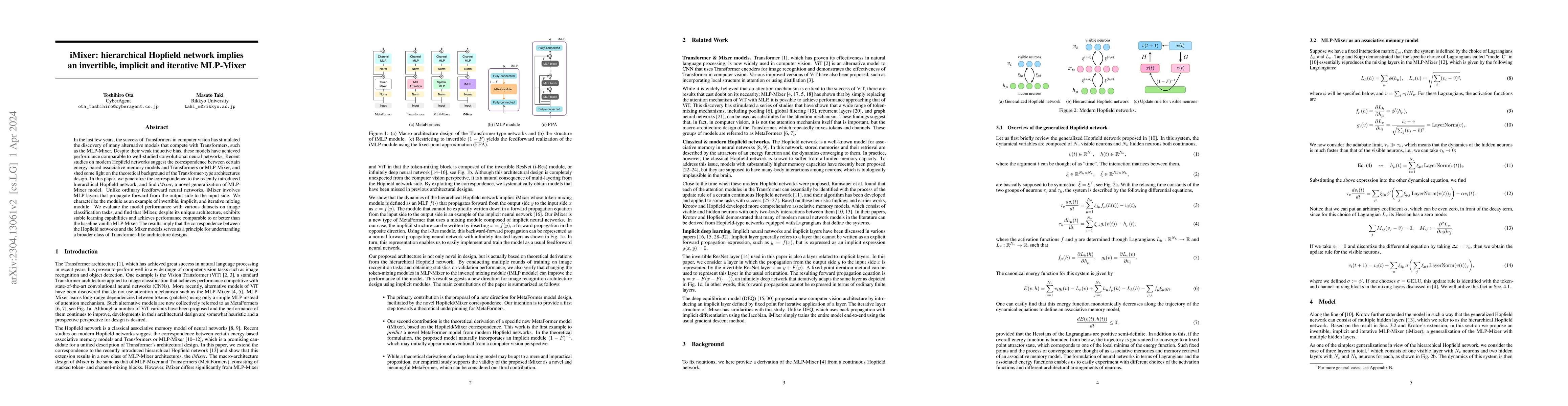 Thumbnail for iMixer: hierarchical Hopfield network implies an invertible, implicit
  and iterative MLP-Mixer