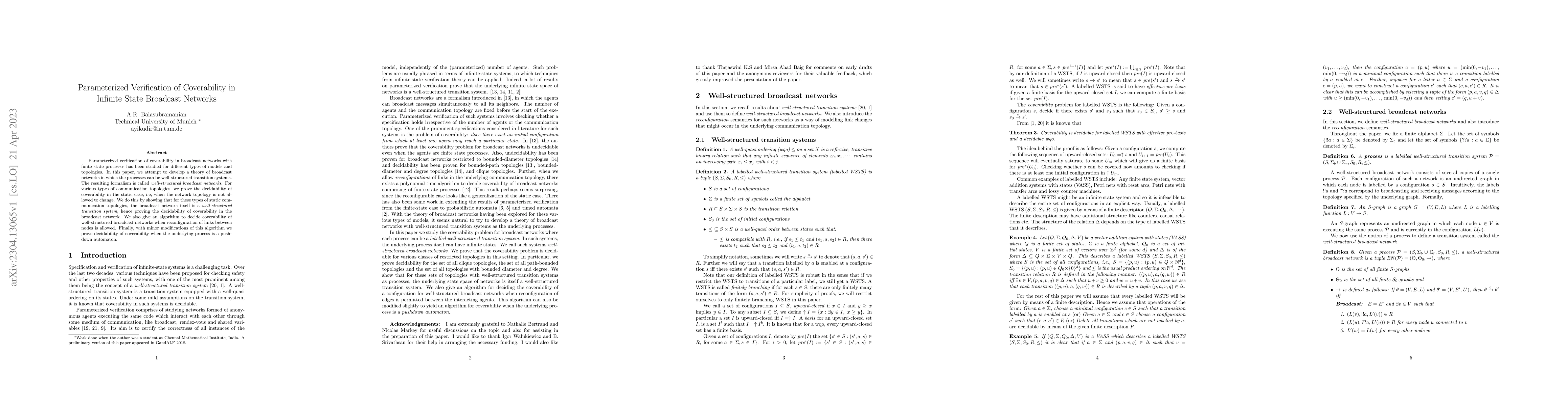 Thumbnail for Parameterized Verification of Coverability in Infinite State Broadcast
  Networks