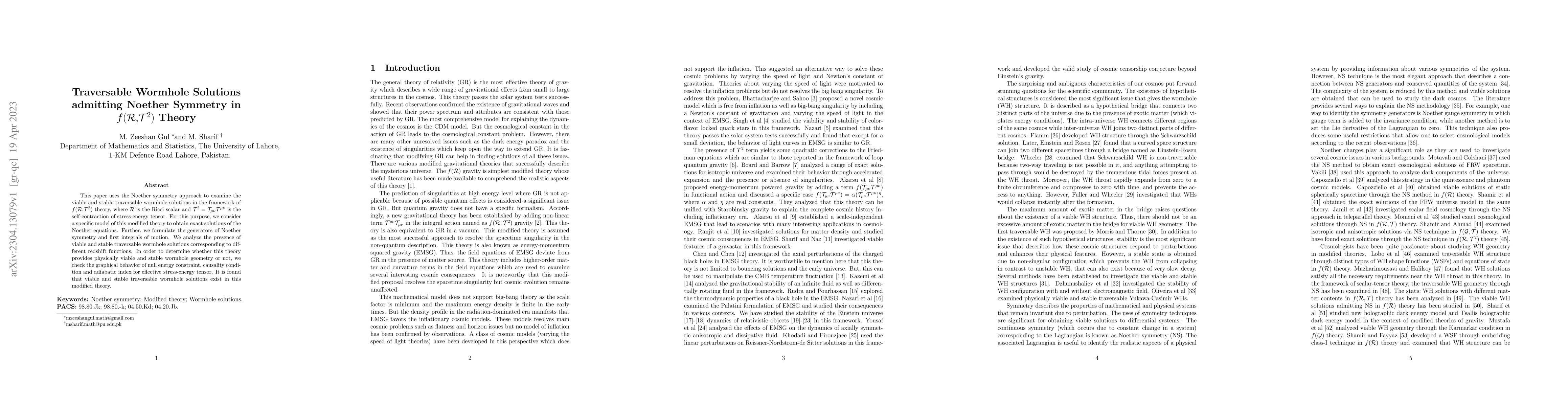 Thumbnail for Traversable Wormhole Solutions admitting Noether Symmetry in
  $f(\mathcal{R,}\mathcal{T}^{2})$ Theory