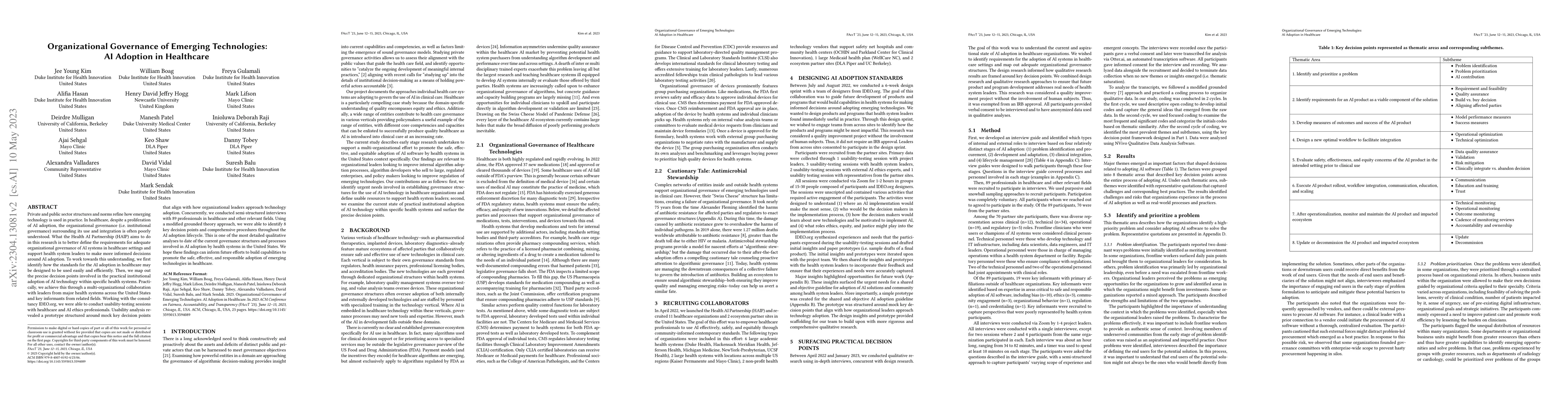 Thumbnail for Organizational Governance of Emerging Technologies: AI Adoption in
  Healthcare