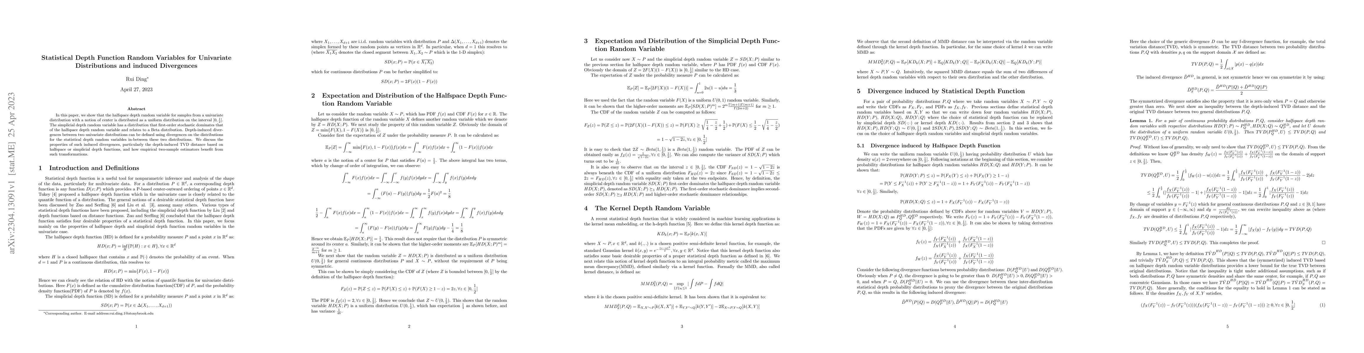 Thumbnail for Statistical Depth Function Random Variables for Univariate Distributions
  and induced Divergences