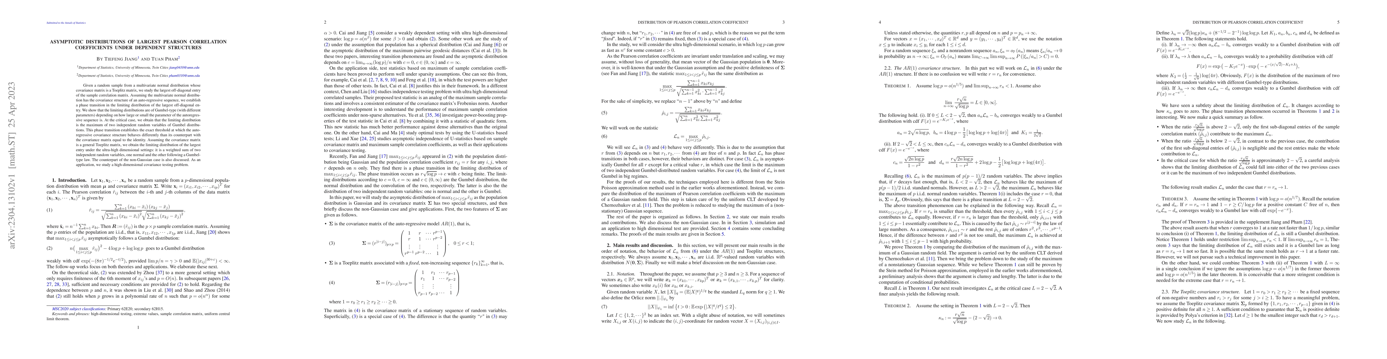 Thumbnail for Asymptotic Distributions of Largest Pearson Correlation Coefficients
  under Dependent Structures