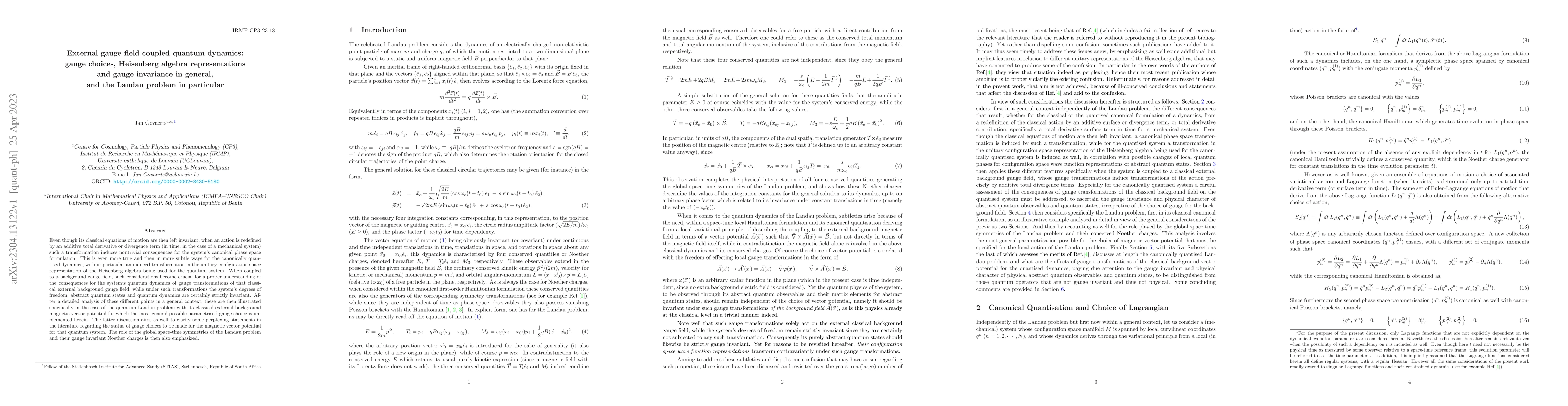 Thumbnail for External gauge field coupled quantum dynamics: gauge choices, Heisenberg
  algebra representations and gauge invariance in general, and the Landau
  problem in particular