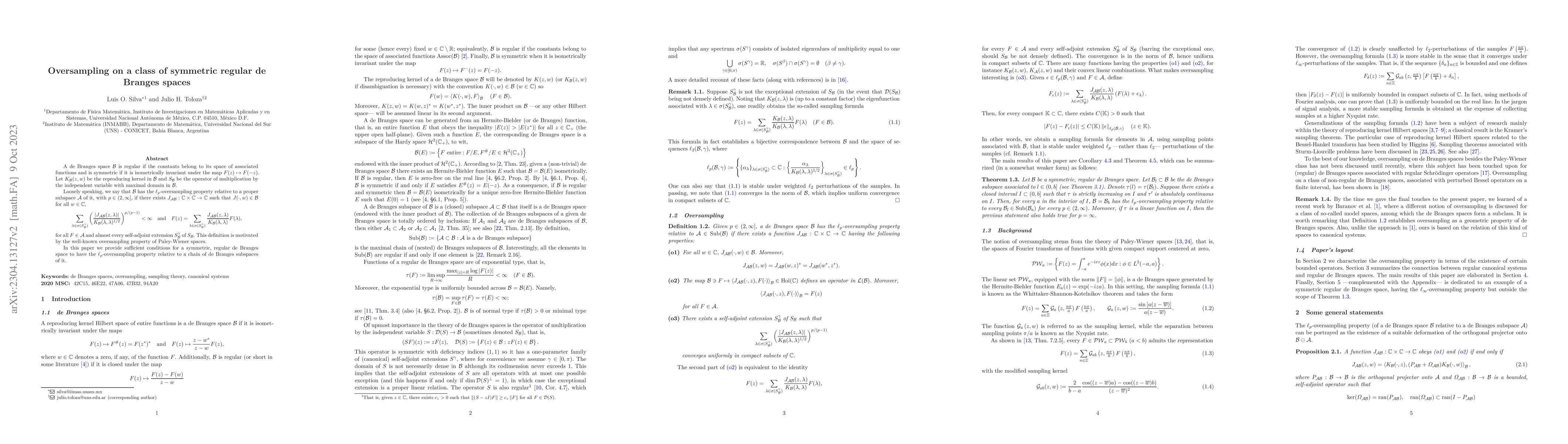 Thumbnail for Oversampling on a class of symmetric regular de Branges spaces
