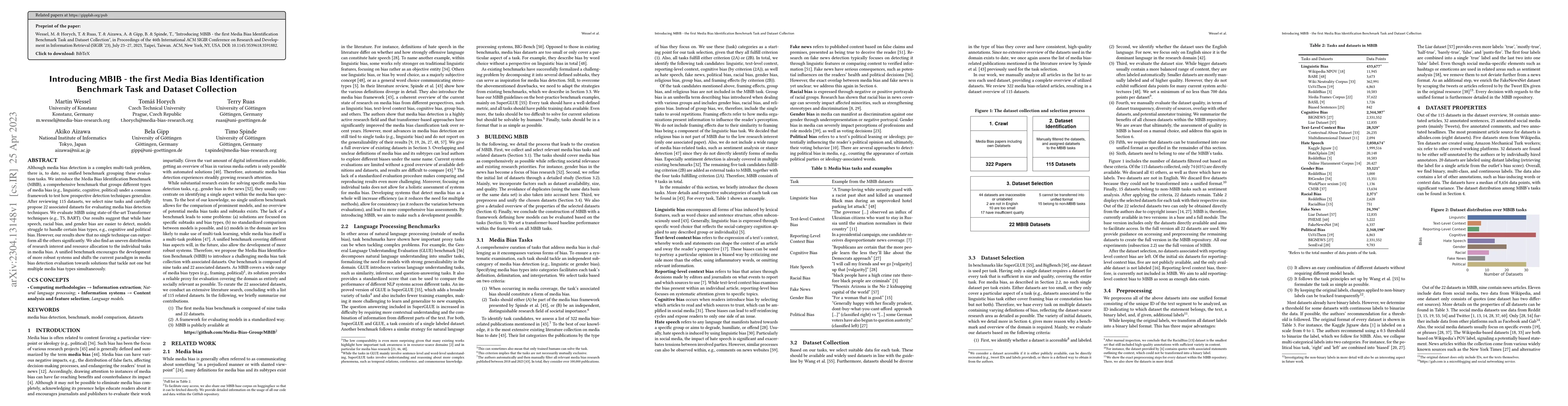 Thumbnail for Introducing MBIB -- the first Media Bias Identification Benchmark Task
  and Dataset Collection