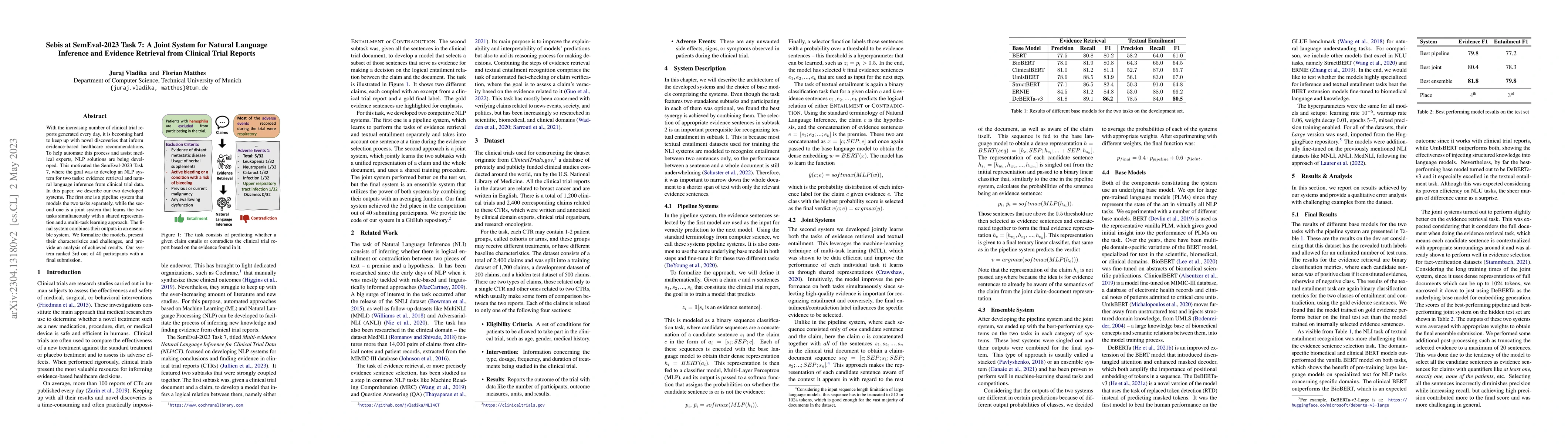 Thumbnail for Sebis at SemEval-2023 Task 7: A Joint System for Natural Language
  Inference and Evidence Retrieval from Clinical Trial Reports