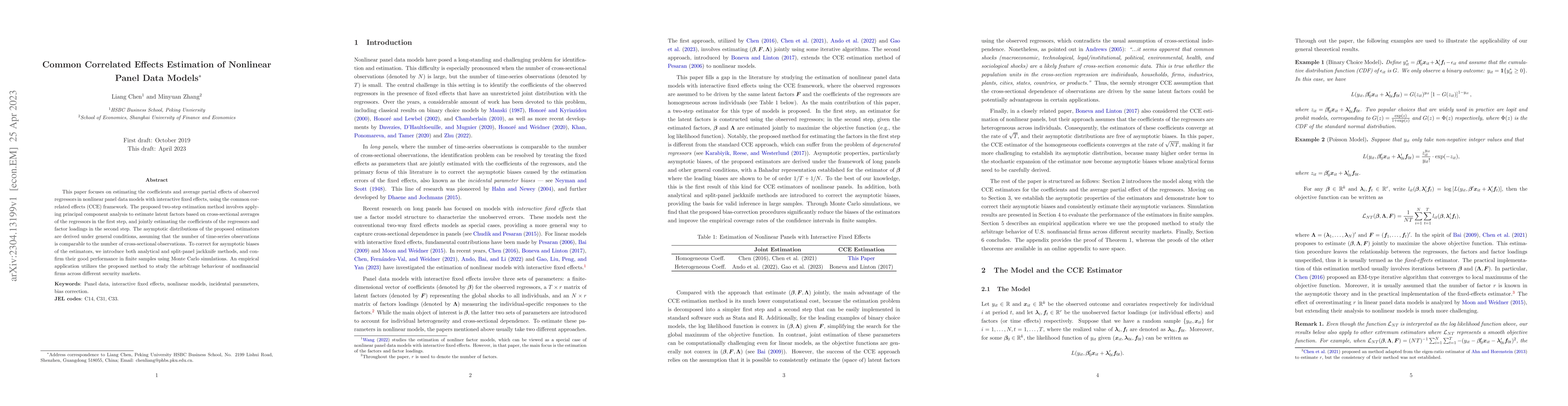 Thumbnail for Common Correlated Effects Estimation of Nonlinear Panel Data Models