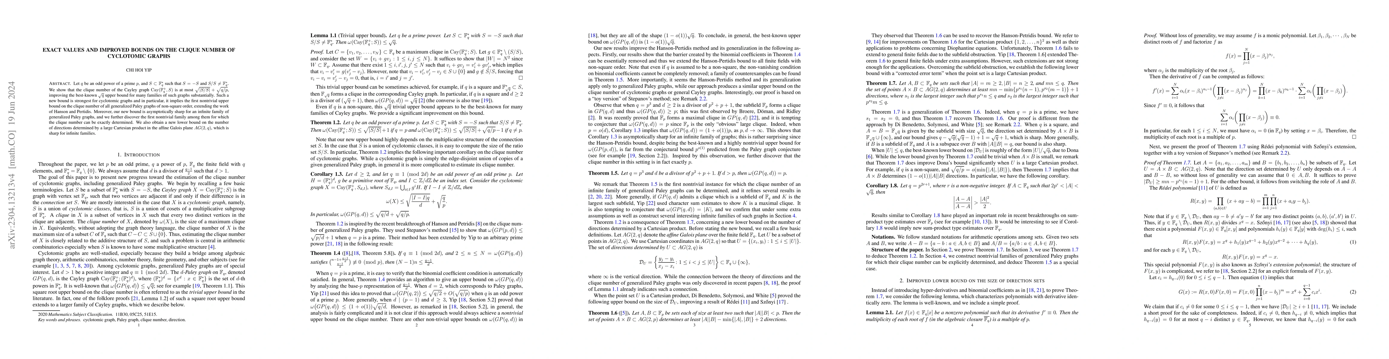 Thumbnail for Exact values and improved bounds on the clique number of cyclotomic
  graphs