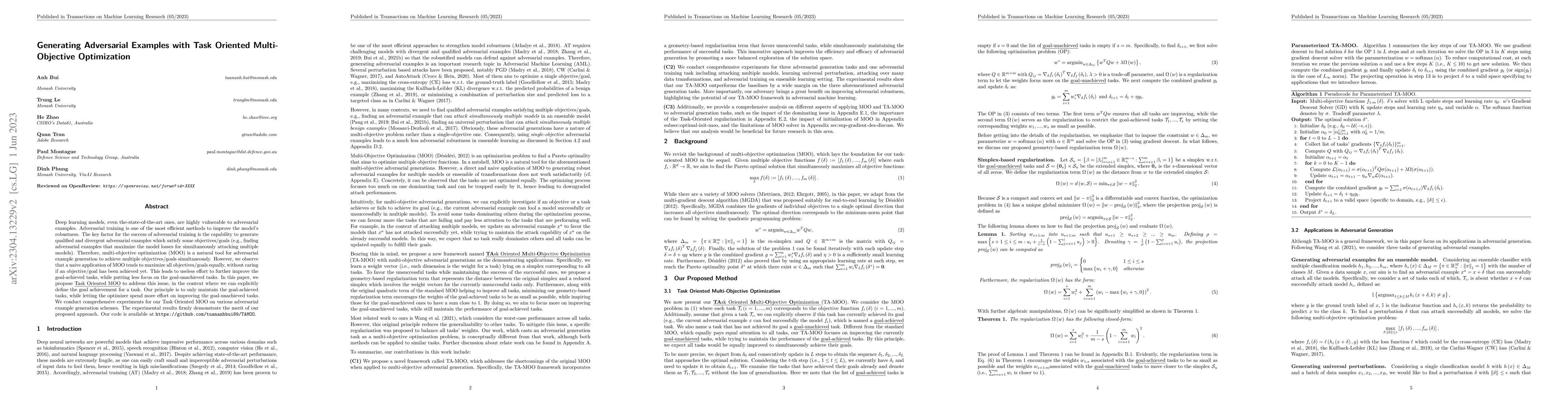 Thumbnail for Generating Adversarial Examples with Task Oriented Multi-Objective
  Optimization
