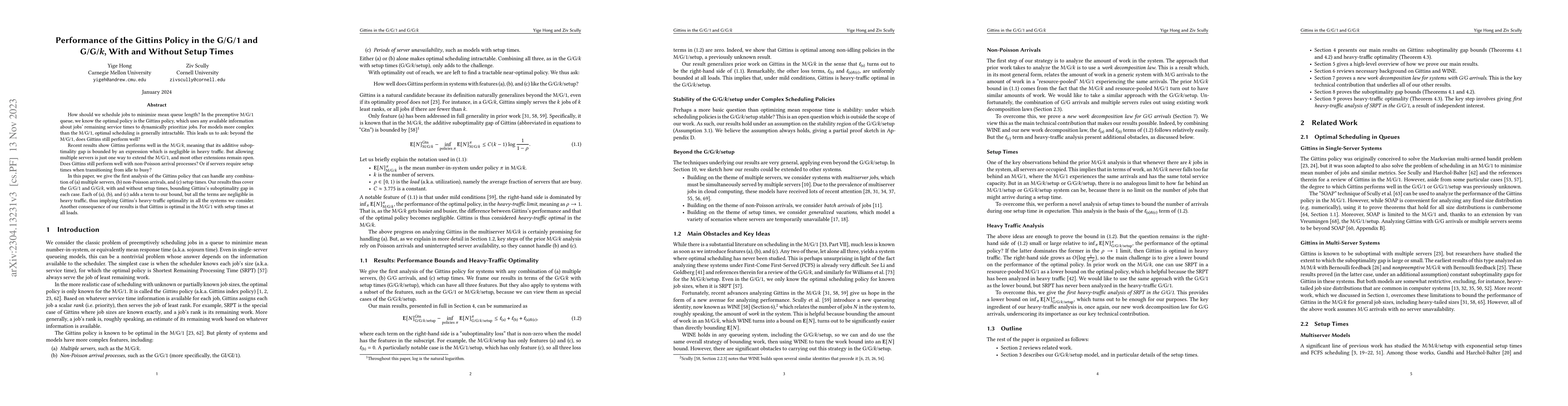 Thumbnail for Performance of the Gittins Policy in the G/G/1 and G/G/k, With and
  Without Setup Times