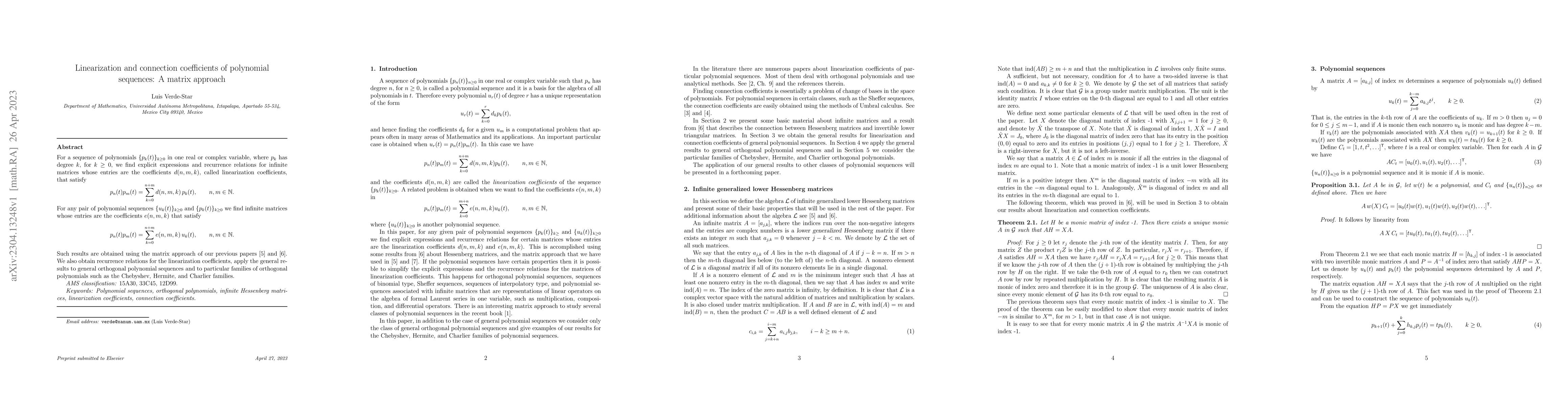 Thumbnail for Linearization and connection coefficients of polynomial sequences: A
  matrix approach