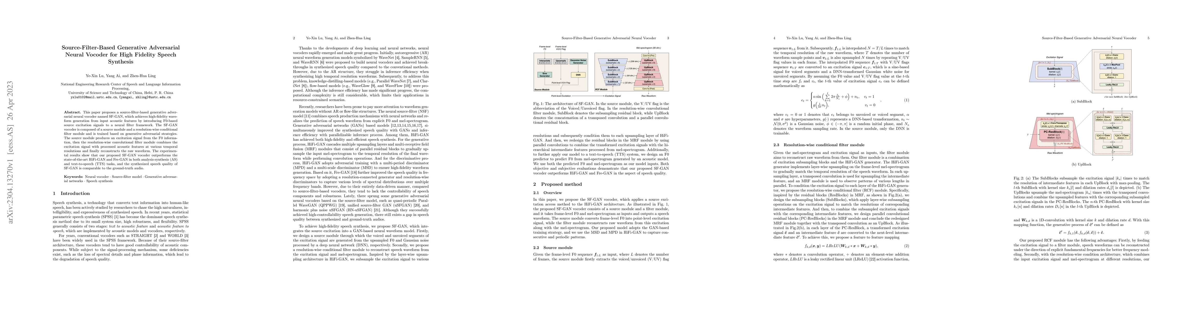 Thumbnail for Source-Filter-Based Generative Adversarial Neural Vocoder for High
  Fidelity Speech Synthesis