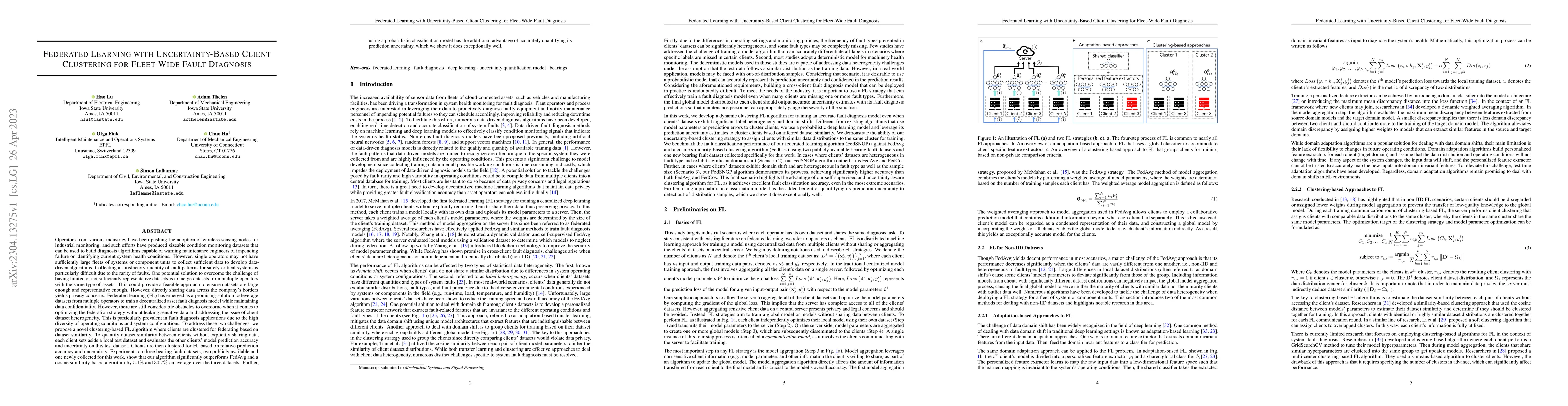 Thumbnail for Federated Learning with Uncertainty-Based Client Clustering for
  Fleet-Wide Fault Diagnosis