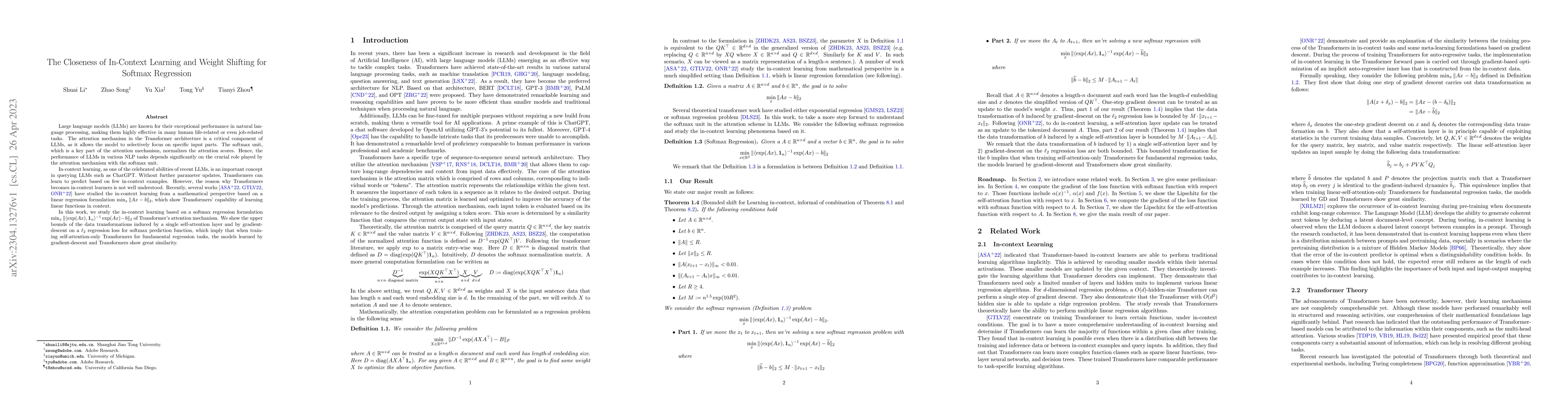 Thumbnail for The Closeness of In-Context Learning and Weight Shifting for Softmax
  Regression