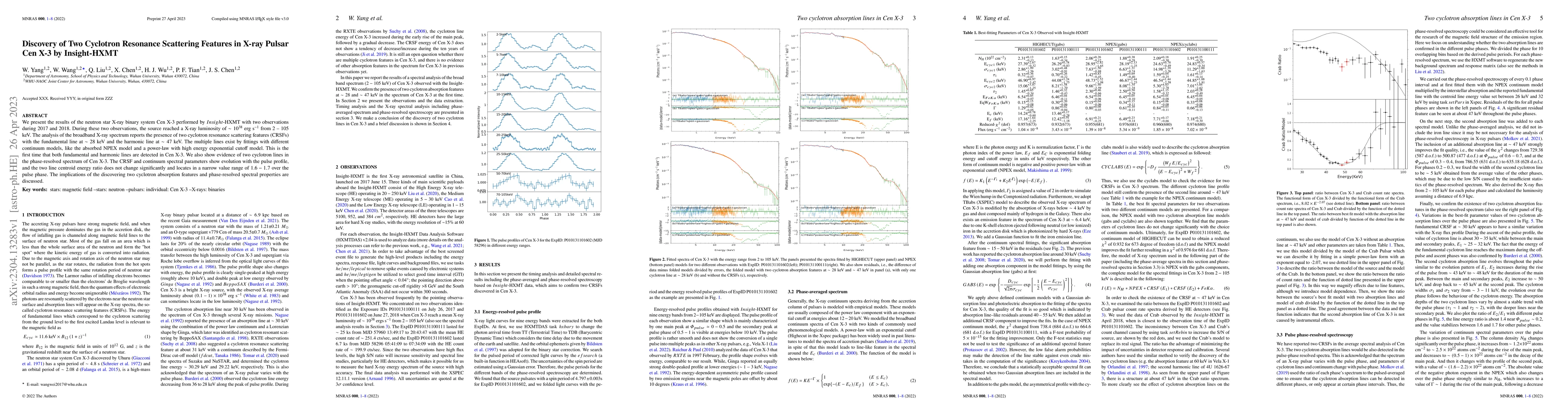 Thumbnail for Discovery of Two Cyclotron Resonance Scattering Features in X-ray Pulsar
  Cen X-3 by Insight-HXMT