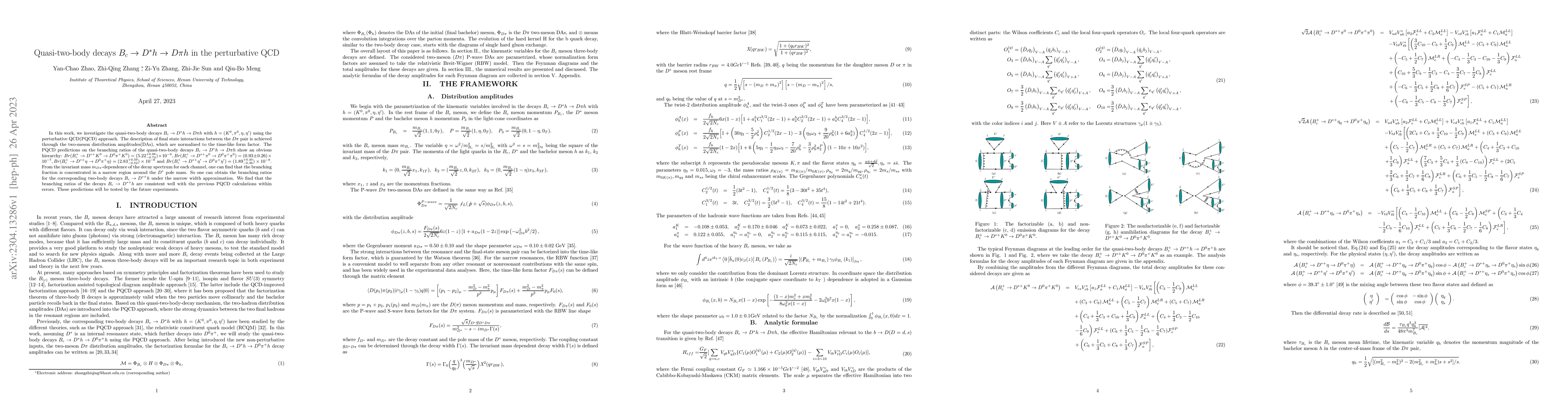 Thumbnail for Quasi-two-body decays $B_c\to D^*h\to D\pi h$ in the perturbative QCD