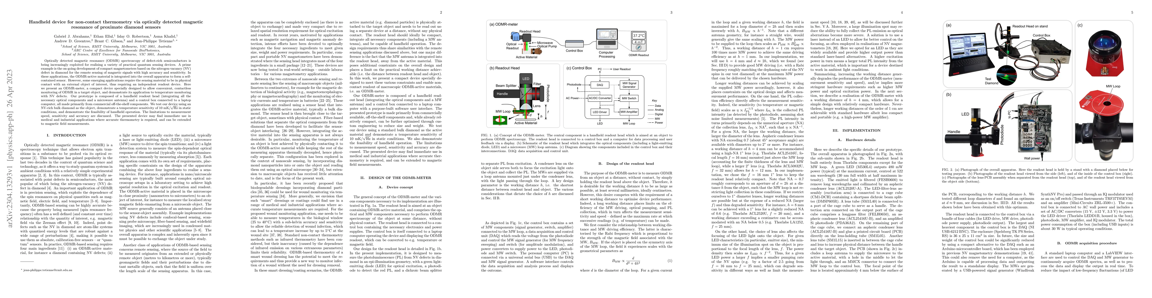 Thumbnail for Handheld device for non-contact thermometry via optically detected
  magnetic resonance of proximate diamond sensors