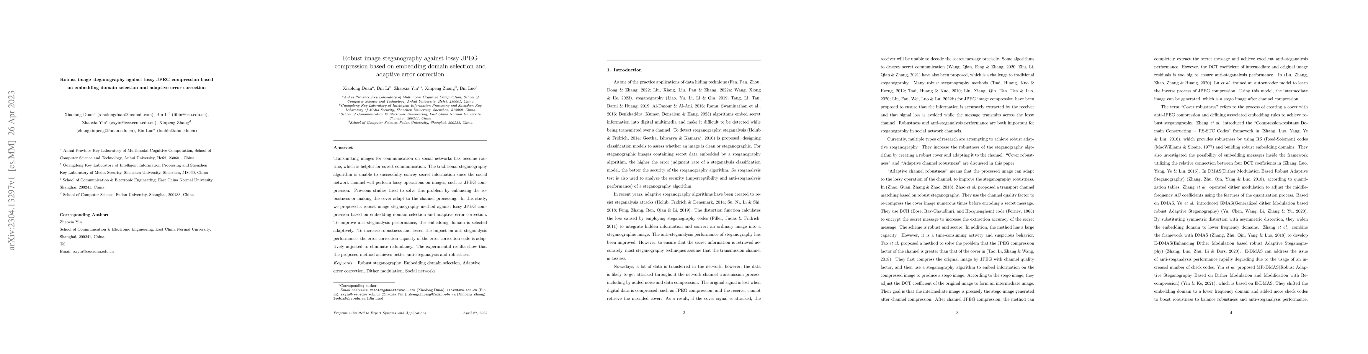 Thumbnail for Robust image steganography against lossy JPEG compression based on
  embedding domain selection and adaptive error correction