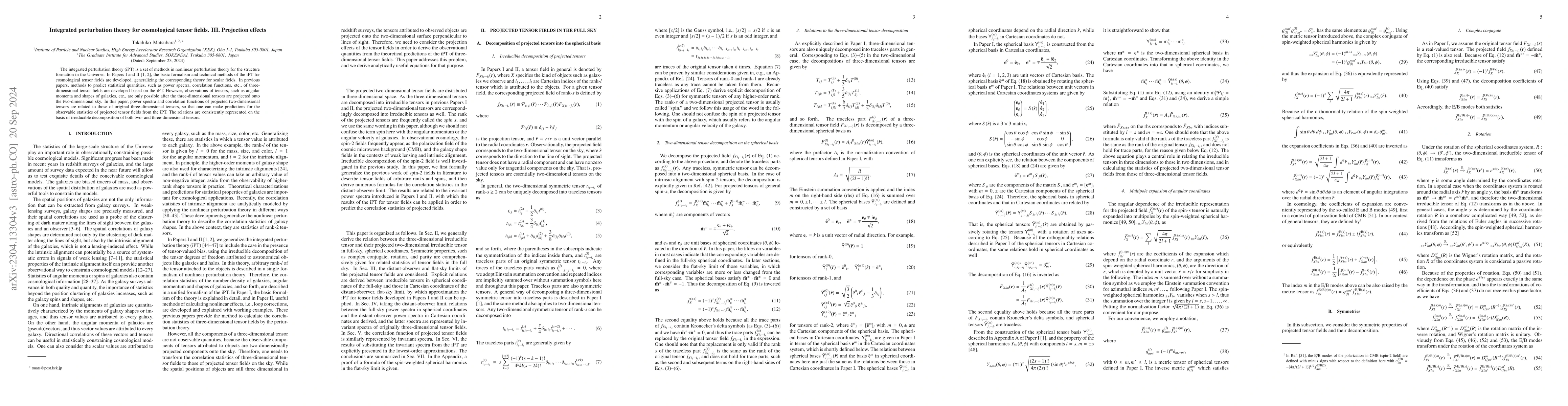 Thumbnail for The integrated perturbation theory for cosmological tensor fields III:
  Projection effects