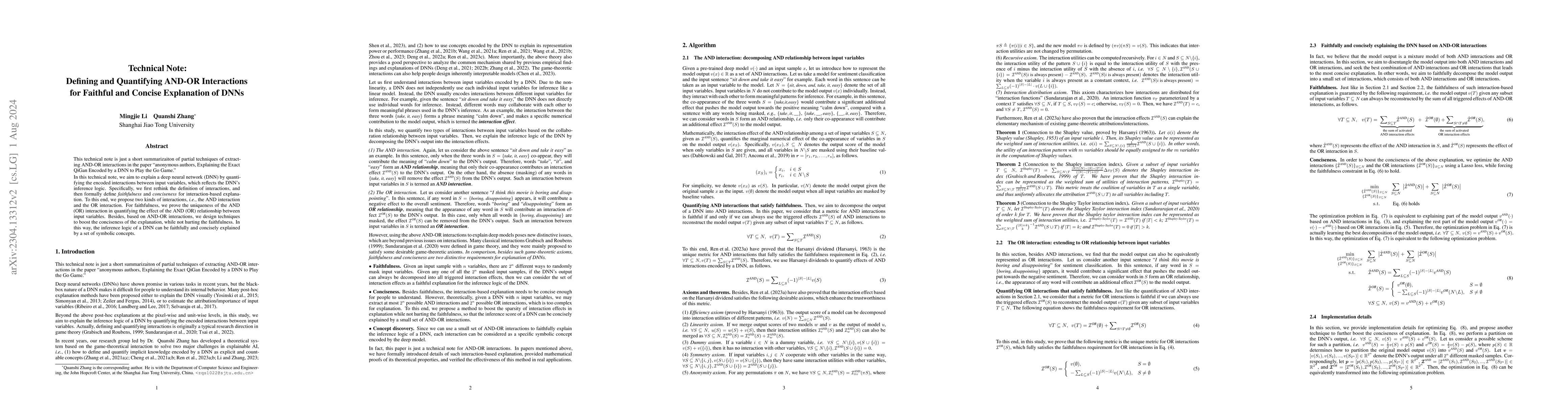 Thumbnail for Technical Note: Defining and Quantifying AND-OR Interactions for
  Faithful and Concise Explanation of DNNs