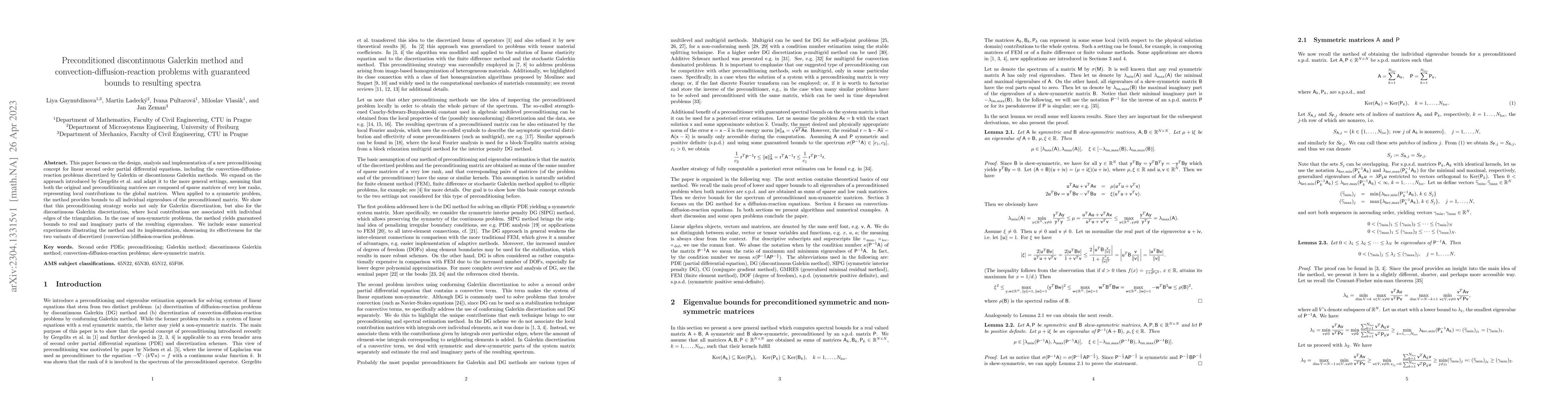 Thumbnail for Preconditioned discontinuous Galerkin method and
  convection-diffusion-reaction problems with guaranteed bounds to resulting
  spectra