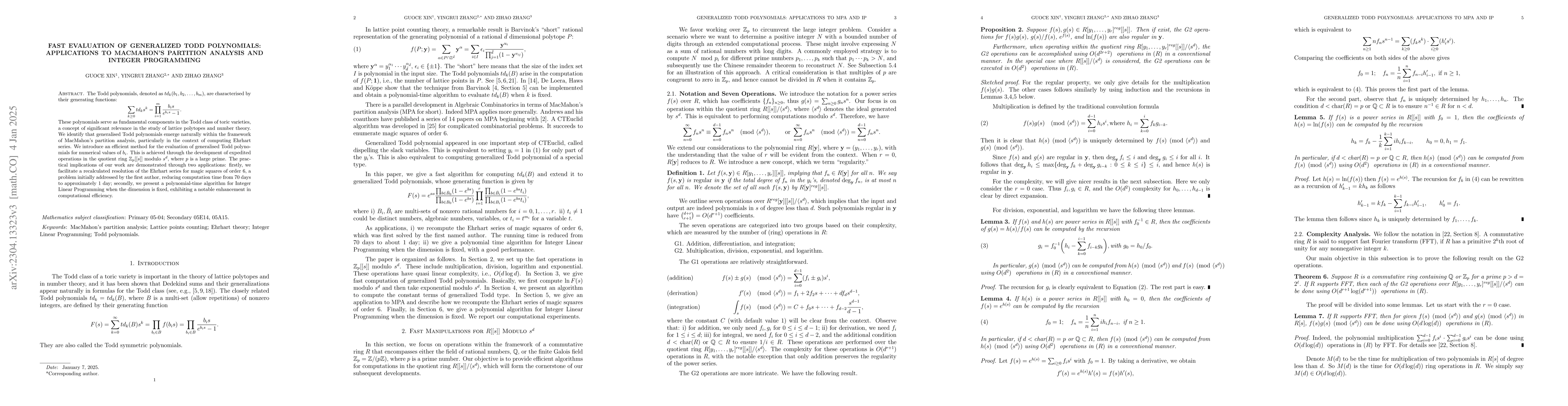 Thumbnail for Fast Evaluation of Generalized Todd Polynomials: Applications to
  MacMahon's Partition Analysis and Integer Programming