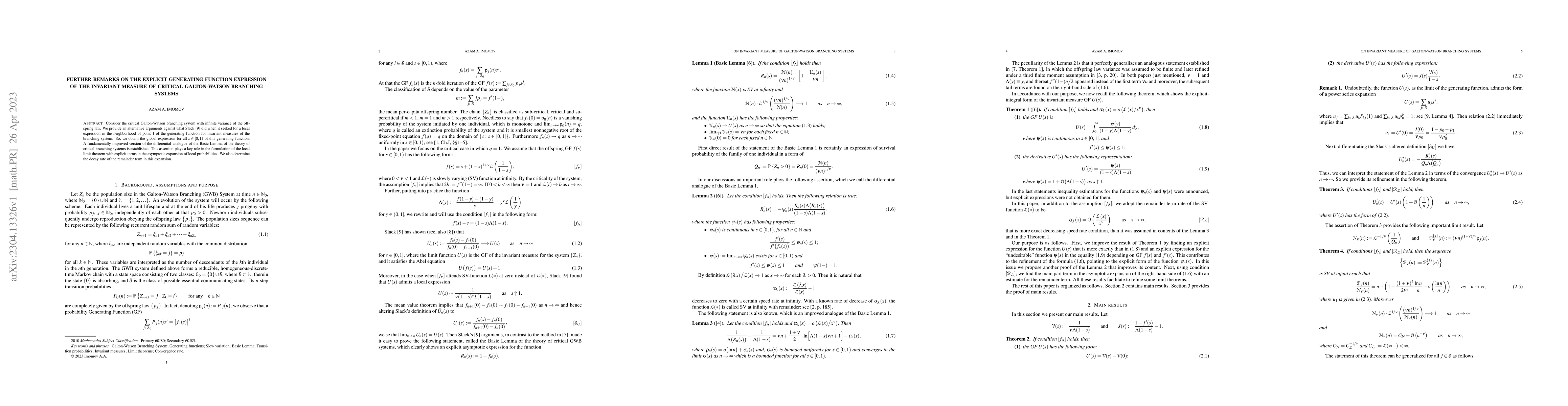 Thumbnail for Further remarks on the explicit generating function expression of the
  invariant measure of critical Galton-Watson Branching Systems