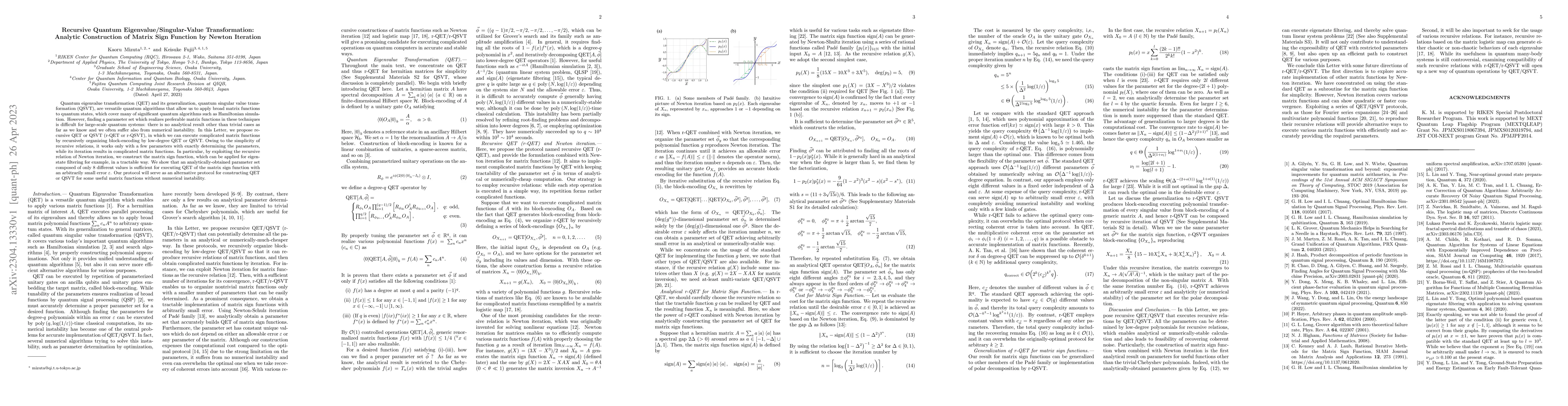 Thumbnail for Recursive Quantum Eigenvalue/Singular-Value Transformation: Analytic
  Construction of Matrix Sign Function by Newton Iteration
