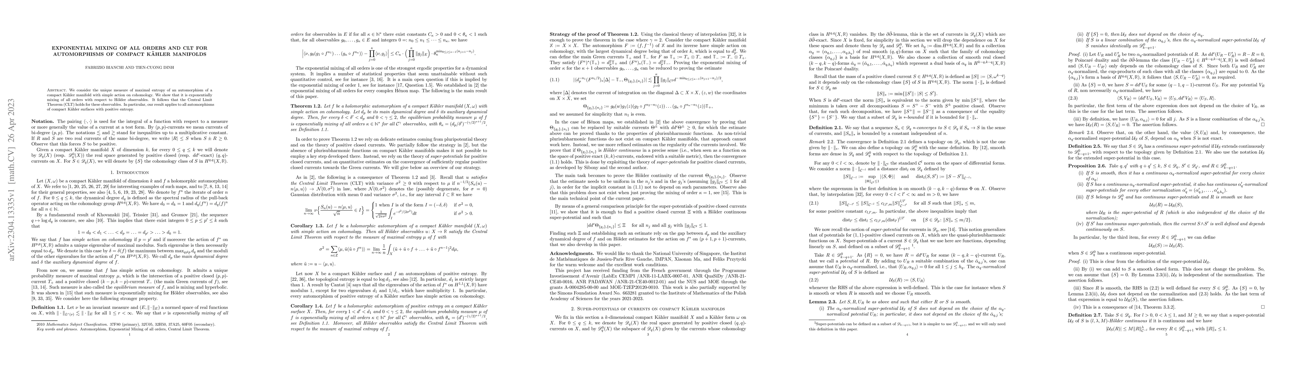 Thumbnail for Exponential mixing of all orders and CLT for automorphisms of compact
  K{\"a}hler manifolds