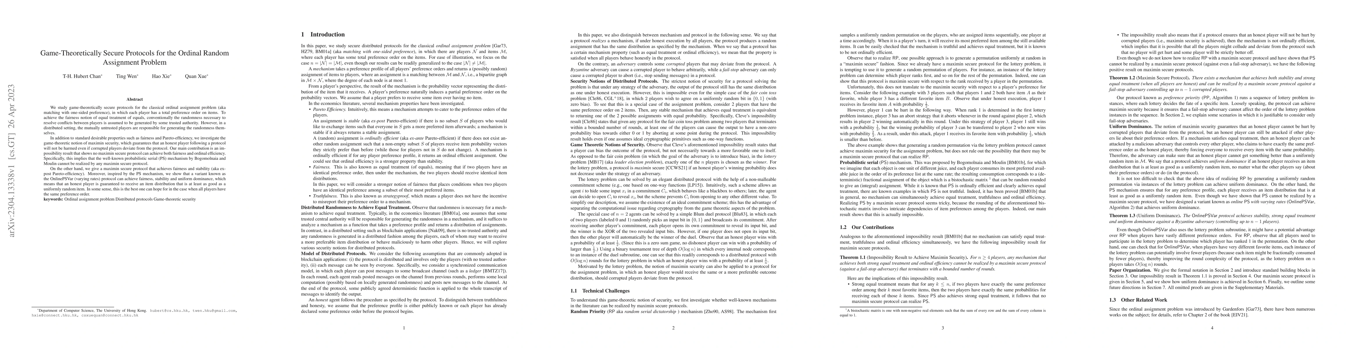 Thumbnail for Game-Theoretically Secure Protocols for the Ordinal Random Assignment
  Problem