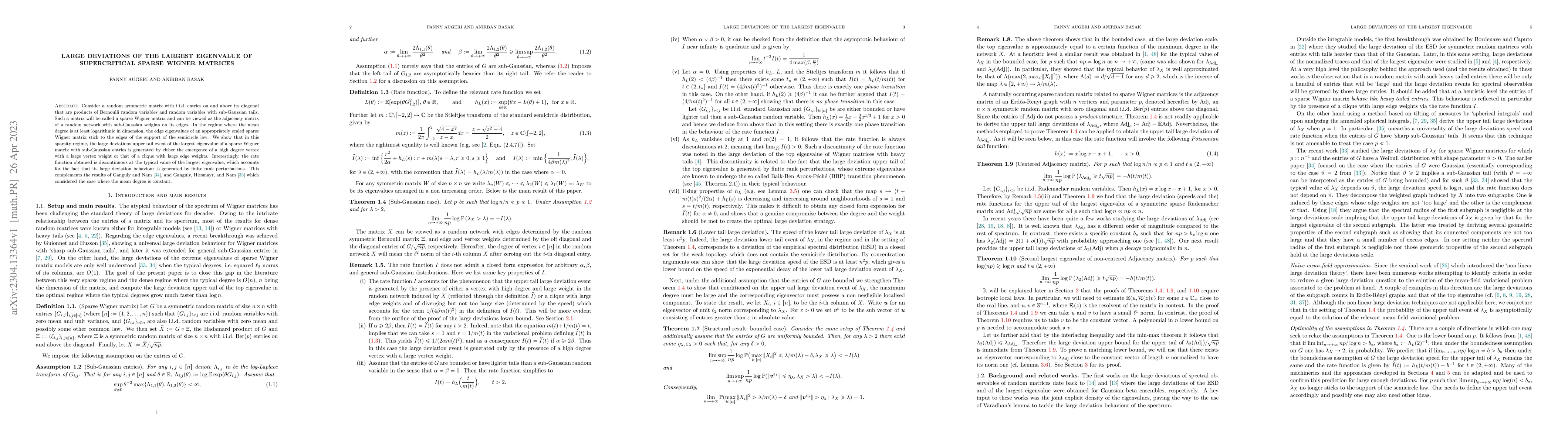 Thumbnail for Large deviations of the largest eigenvalue of supercritical sparse
  Wigner matrices