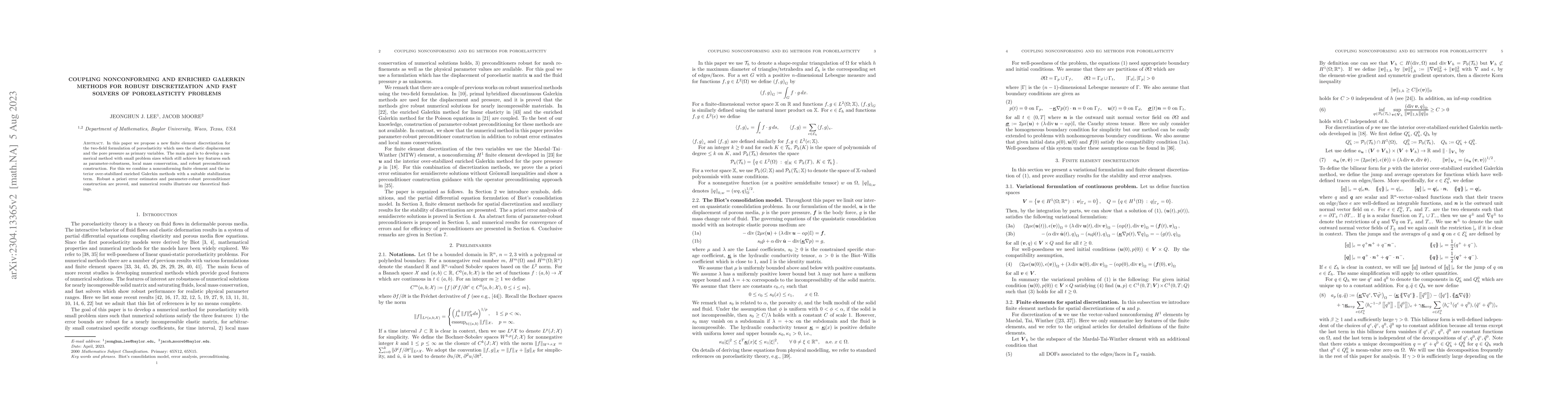 Thumbnail for Coupling nonconforming and enriched Galerkin methods for robust
  discretization and fast solvers of poroelasticity problems