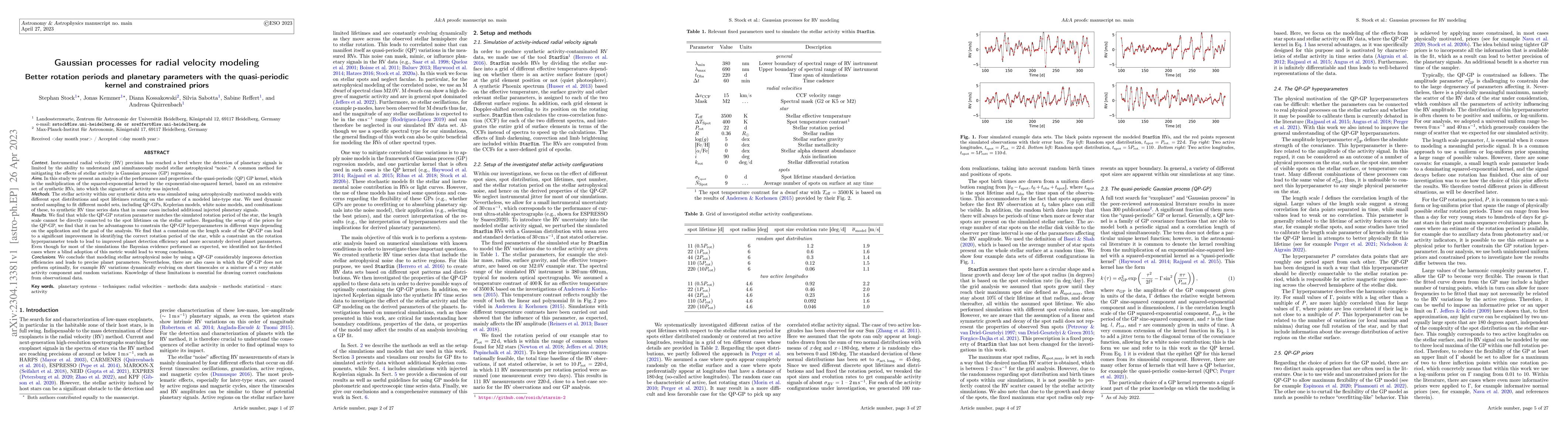 Thumbnail for Gaussian processes for radial velocity modeling Better rotation periods
  and planetary parameters with the quasi-periodic kernel and constrained
  priors