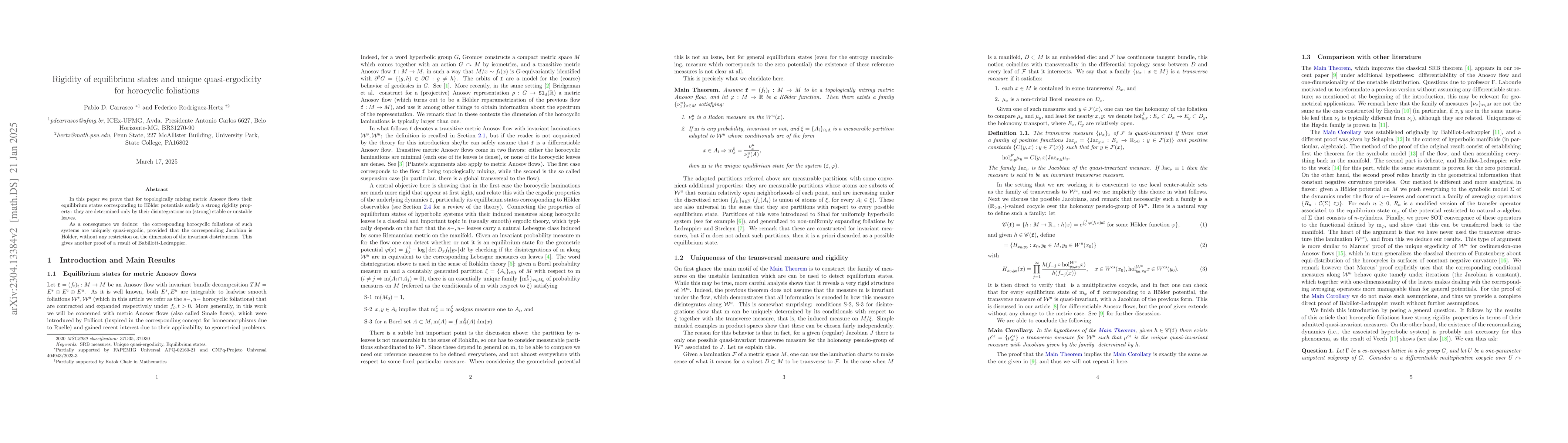 Thumbnail for Rigidity of equilibrium states and unique quasi-ergodicity for
  horocyclic foliations