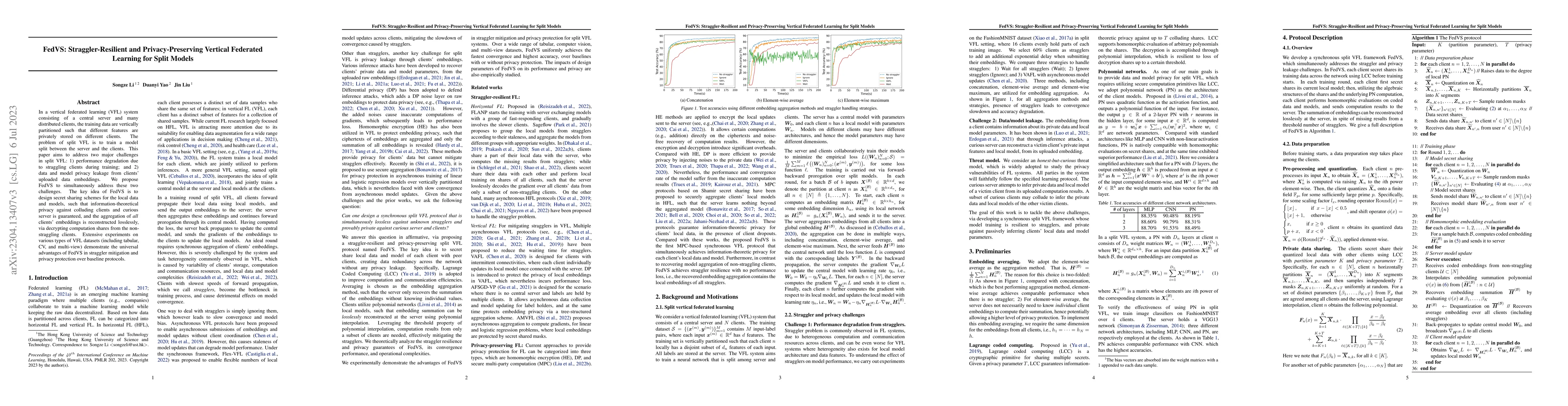 Thumbnail for FedVS: Straggler-Resilient and Privacy-Preserving Vertical Federated
  Learning for Split Models