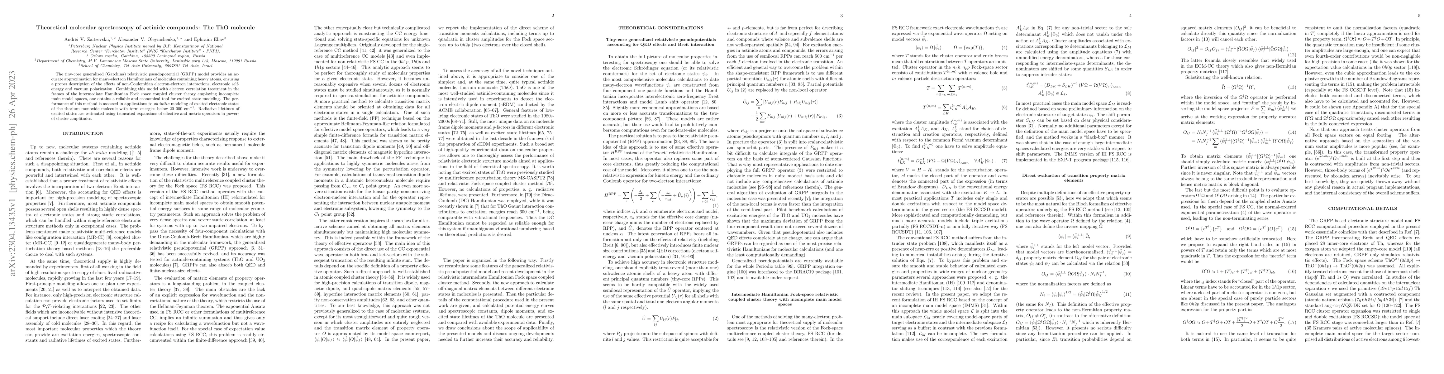 Thumbnail for Theoretical molecular spectroscopy of actinide compounds: The ThO
  molecule