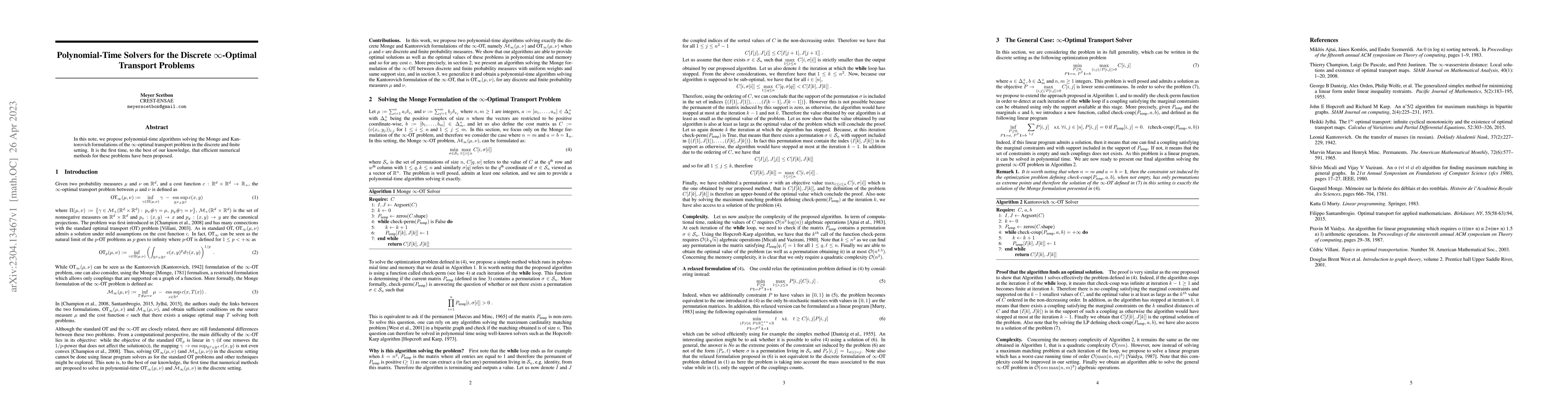 Thumbnail for Polynomial-Time Solvers for the Discrete $\infty$-Optimal Transport
  Problems