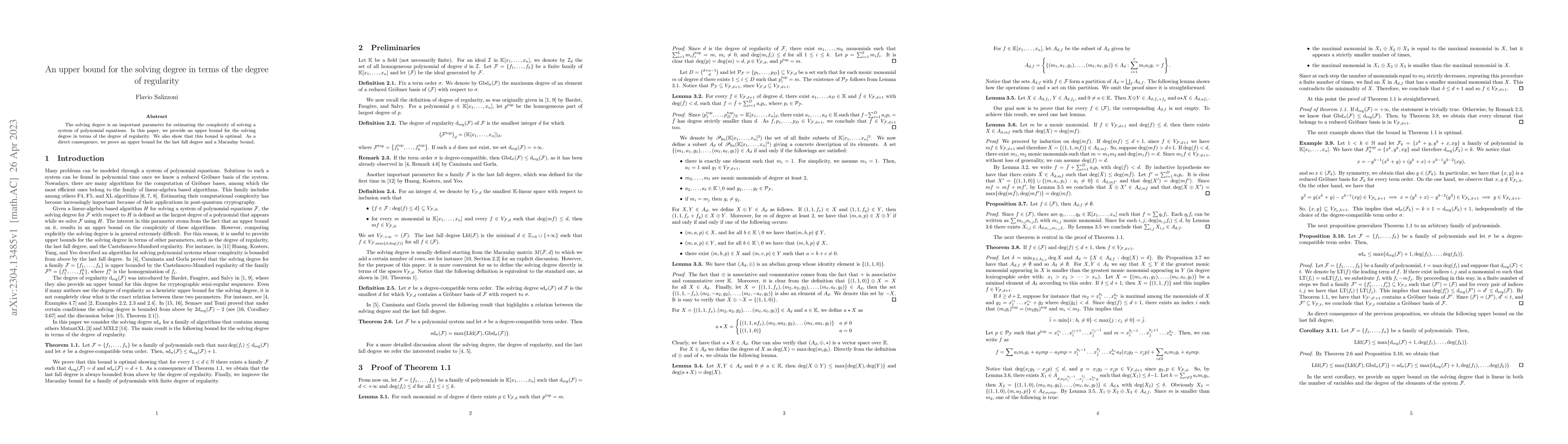 Thumbnail for An upper bound for the solving degree in terms of the degree of
  regularity