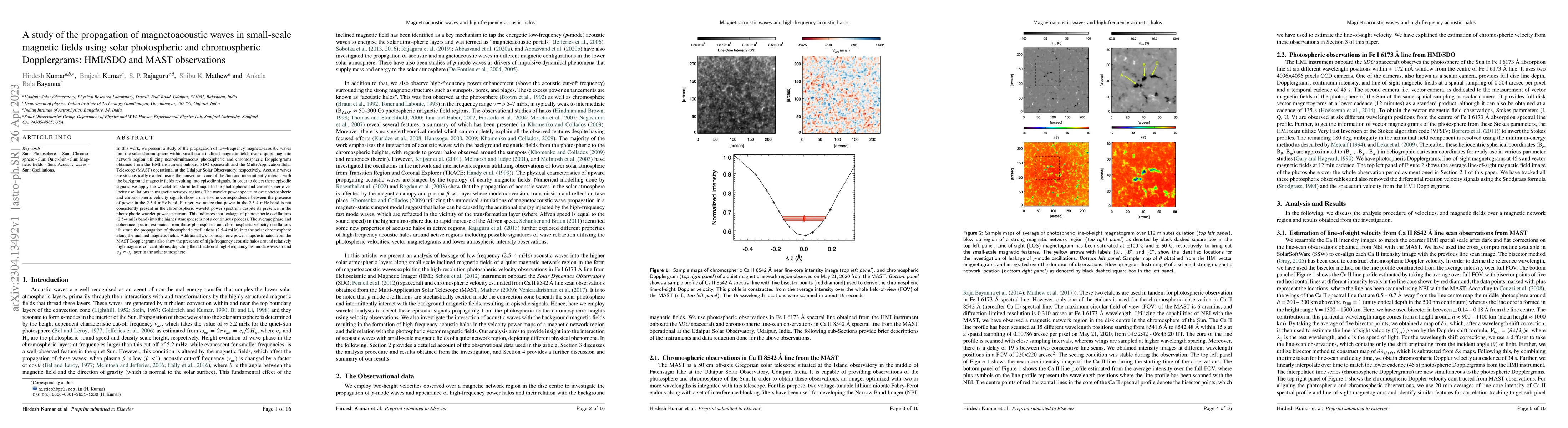 Thumbnail for A study of the propagation of magnetoacoustic waves in small-scale
  magnetic fields using solar photospheric and chromospheric Dopplergrams:
  HMI/SDO and MAST observations