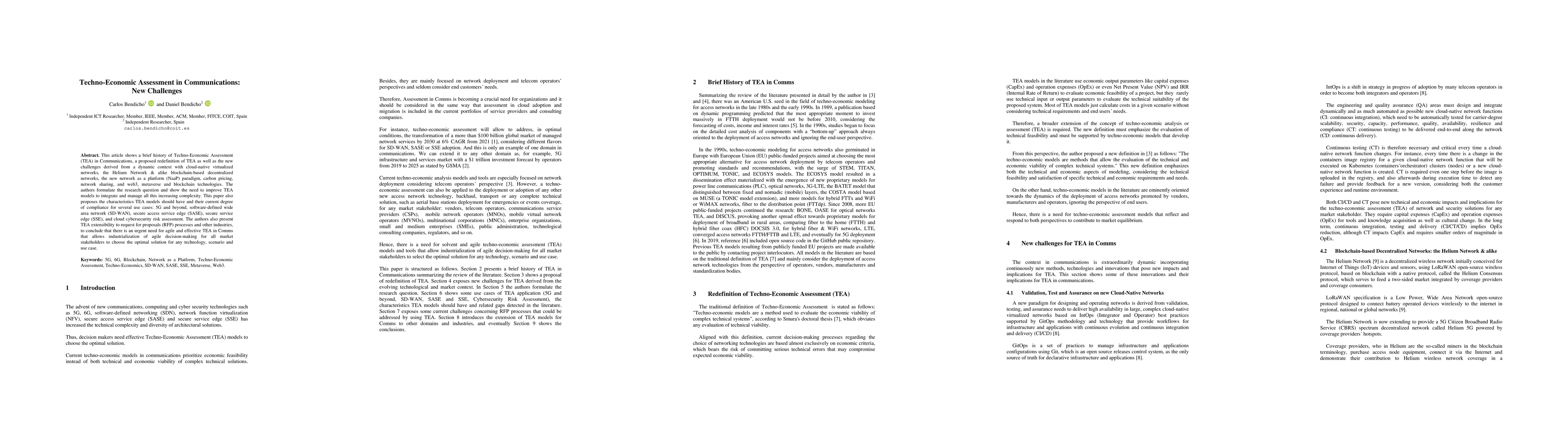 Thumbnail for Techno-Economic Assessment in Communications: New Challenges
