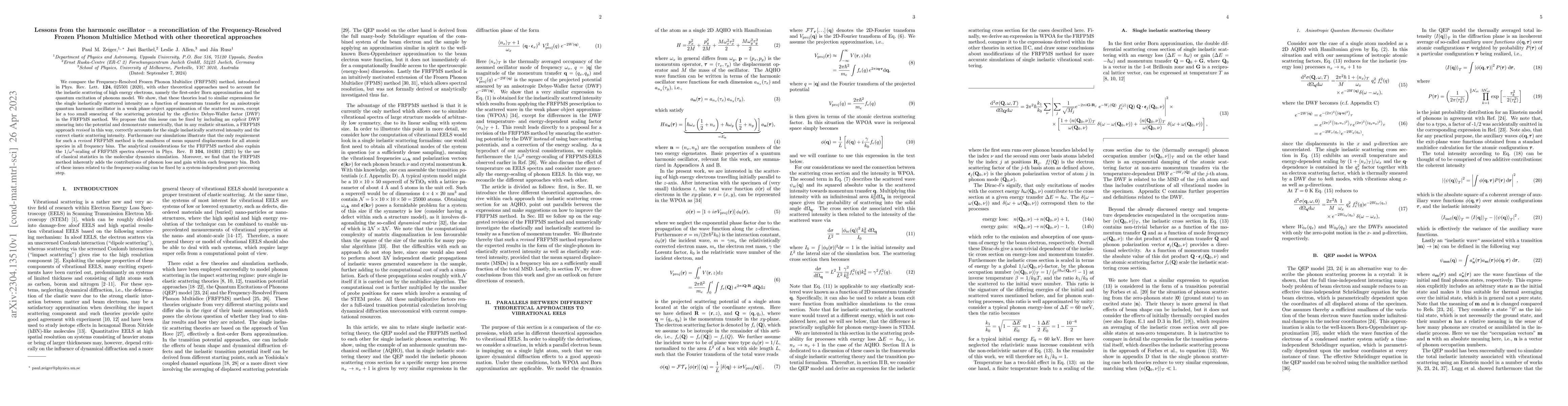 Thumbnail for Lessons from the harmonic oscillator -- a reconciliation of the
  Frequency-Resolved Frozen Phonon Multislice Method with other theoretical
  approaches