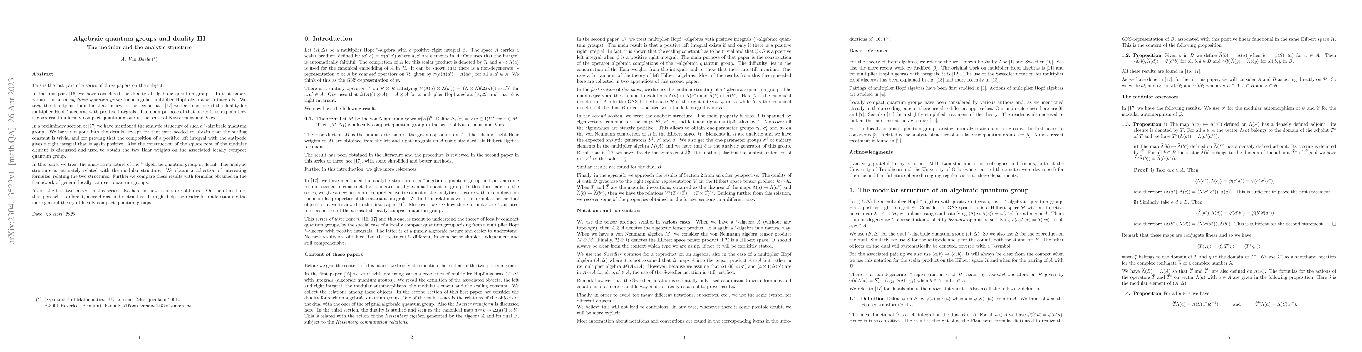 Thumbnail for Algebraic quantum groups III. The modular and the analytic structure