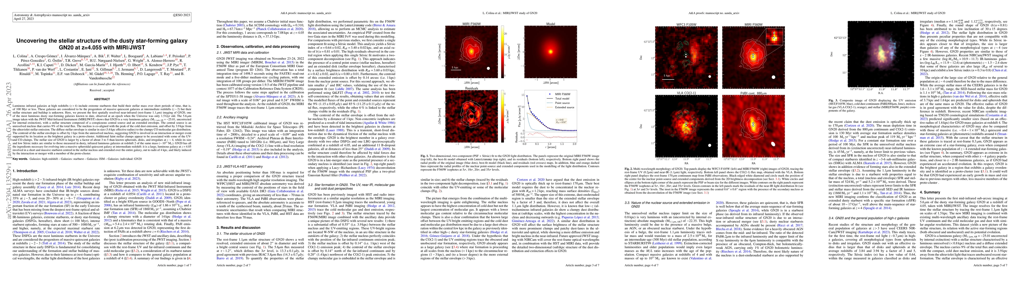 Thumbnail for Uncovering the stellar structure of the dusty star-forming galaxy GN20
  at z=4.055 with MIRI/JWST