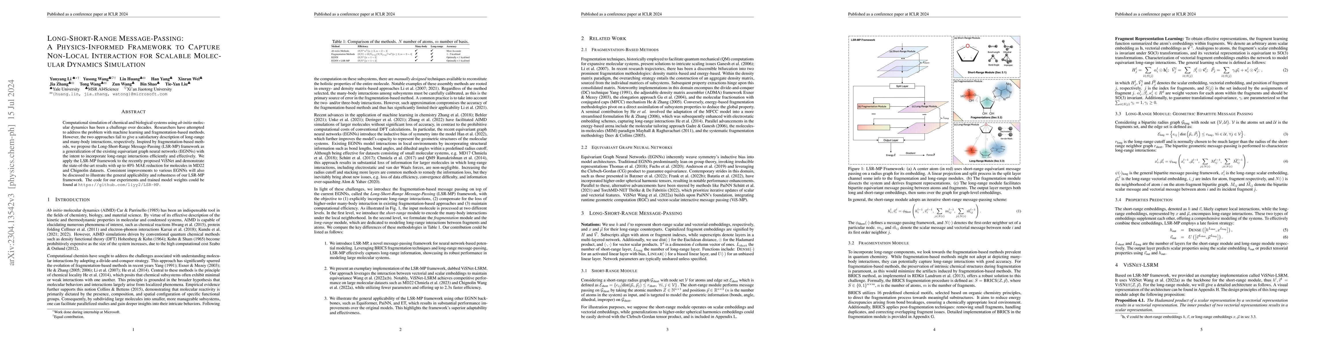 Thumbnail for Long-Short-Range Message-Passing: A Physics-Informed Framework to
  Capture Non-Local Interaction for Scalable Molecular Dynamics Simulation