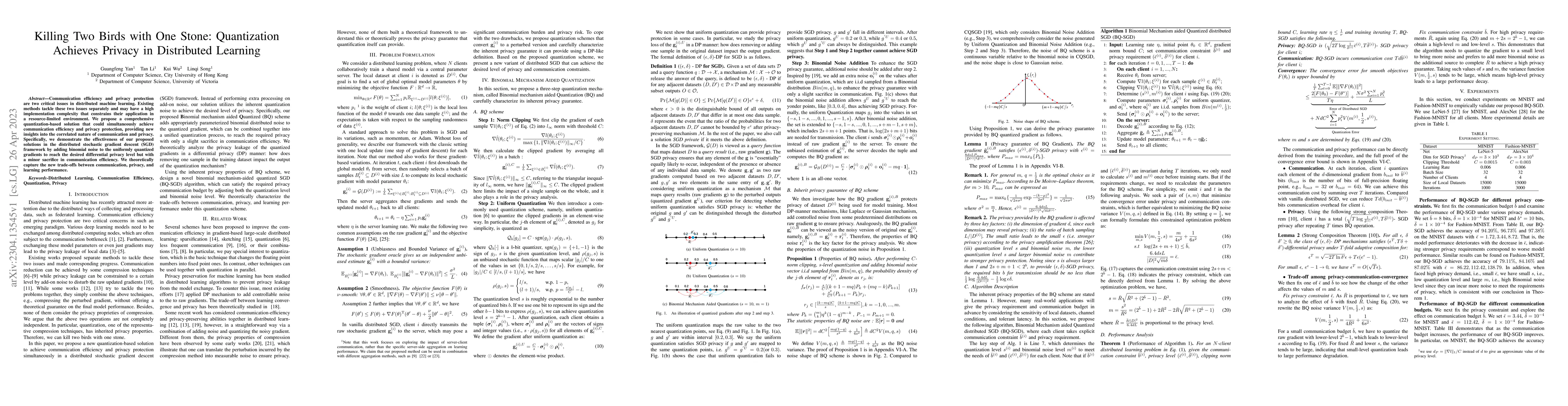 Thumbnail for Killing Two Birds with One Stone: Quantization Achieves Privacy in
  Distributed Learning