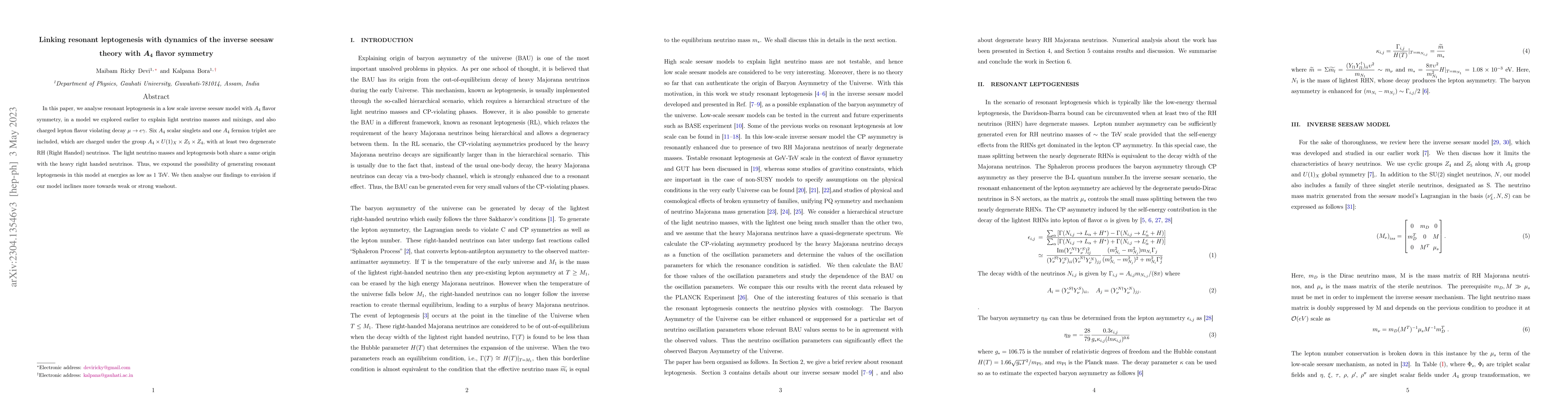 Thumbnail for Linking resonant leptogenesis with dynamics of the inverse seesaw theory
  with $ A_{4} $ flavor symmetry