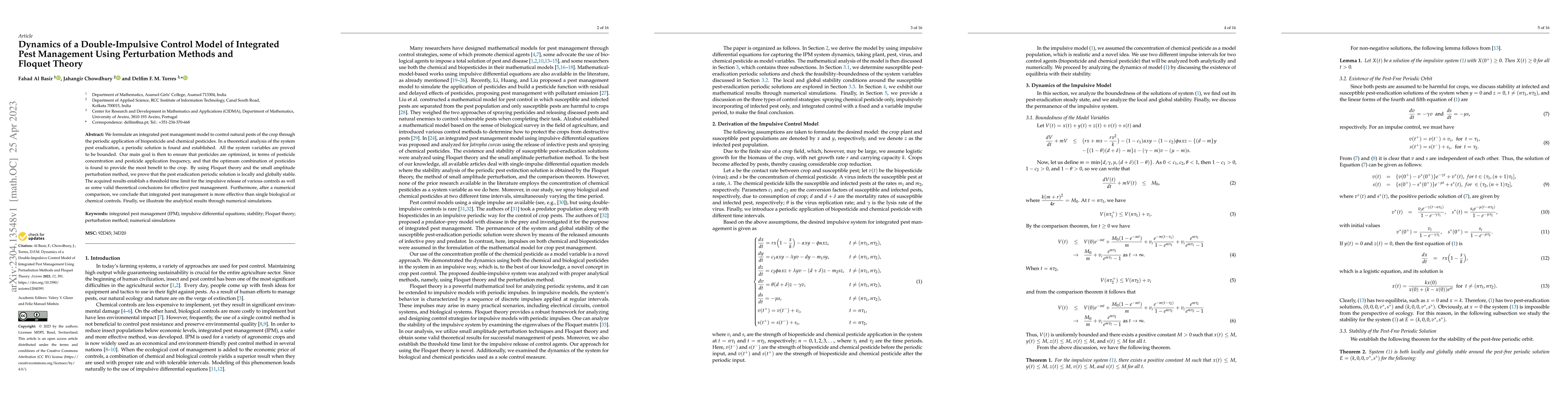 Thumbnail for Dynamics of a Double-Impulsive Control Model of Integrated Pest
  Management Using Perturbation Methods and Floquet Theory