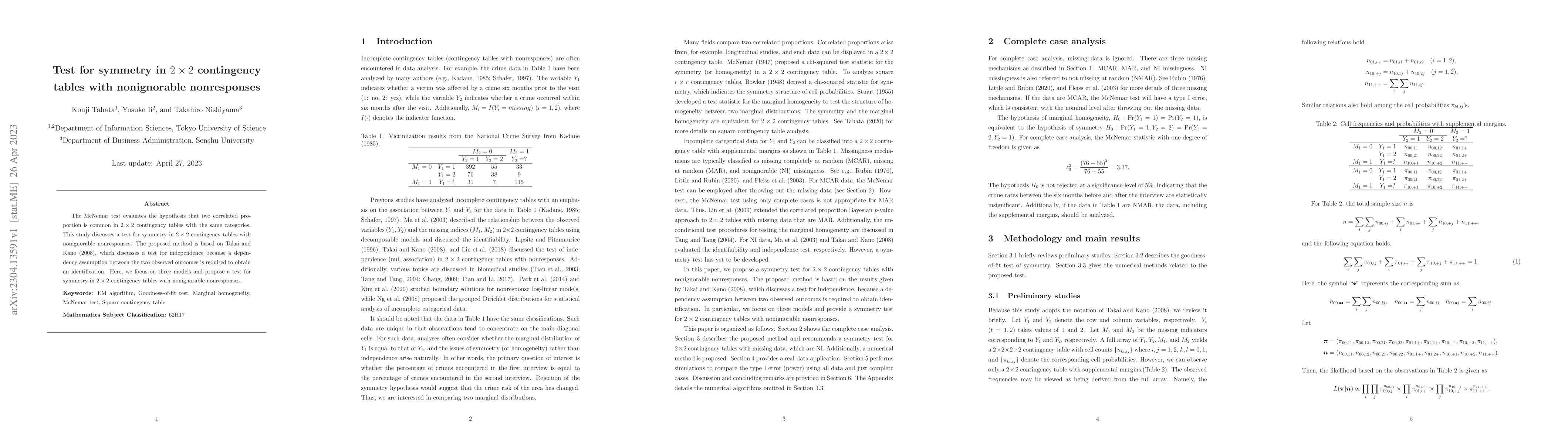 Thumbnail for Test for symmetry in $2 \times 2$ contingency tables with nonignorable
  nonresponses