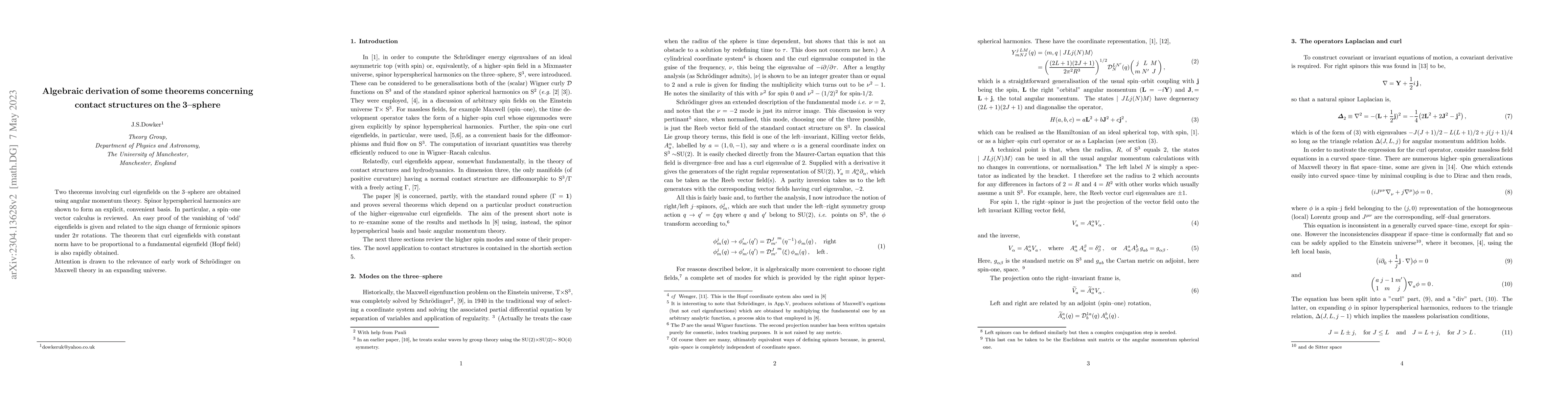 Thumbnail for Algebraic derivation of some theorems concerning contact structures on
  the 3-sphere
